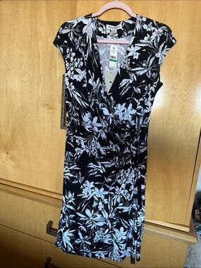 Tommy Bahama Black and White Floral Faux-Wrap Midi Dress